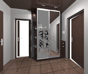 wardrobe with mirrored sliding doors 3D rendering