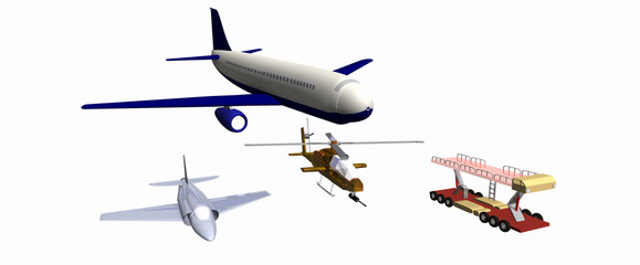 two combat aircraft, one combat helicopter, mechanical trail. low-poly 3D models. 737, A4E, mechanical trail, AH-1F cobra
