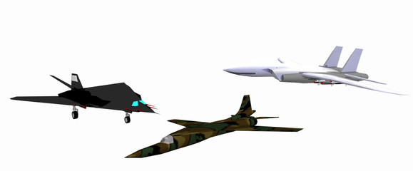 three low-poly 3D models of combat aircraft. White background. F 117A, F-111D, F-14
