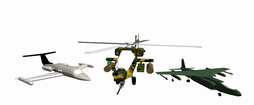 one combat helicopter and two combat aircraft low-poly 3D models. White background. Apache, AV-8A, C24