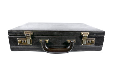 Old leather vintage briefcase with safety lock isolated on white