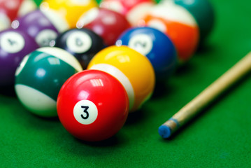 Billiard balls in a green pool table