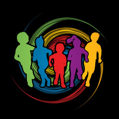 Group of children running , Front view designed on spin wheel background graphic vector.