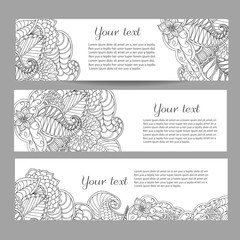 Three vector banners with beautiful monochrome floral pattern in doodle style. 