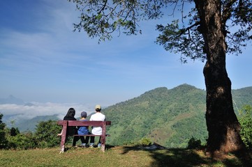 Happy family at Mae Moei National Park, Tak Province Thailand The park is situated near Myanmar with Moei River acting as a natural border between the two countries.