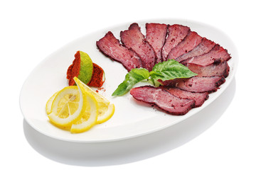 appetizing restaurant food on  white background