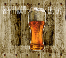 glass of beer with foam. wood background beer happy hour-enjoy.vector illustration