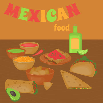Mexican traditional food set, traditional cusine of Mexico, latino fast food menu takos, burrito
