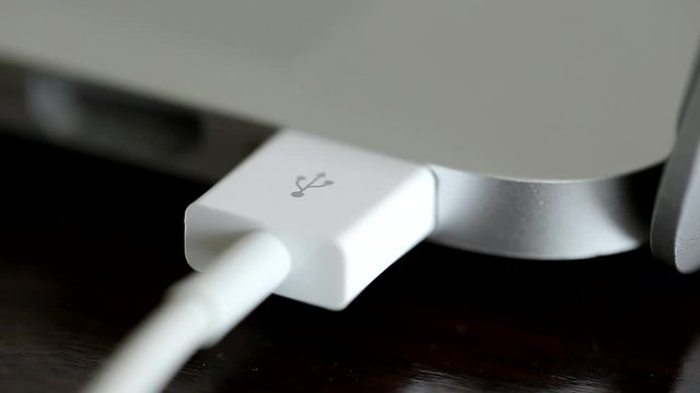 Usb White Cable Connected to a Laptop. Macro Shot.