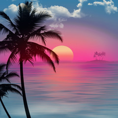 Palm trees in foreground on a sea landscape at sunset