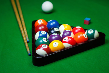 Billiard balls pool on green table