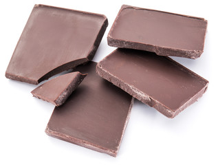 Pieces of chocolate bar isolated on a white background.