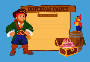 Birthday party invitation card with pirate