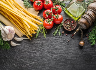 Tomatoes, spaghetti pasta and spices.
