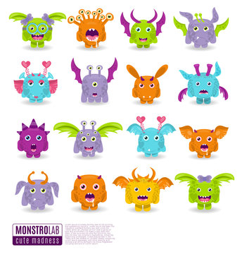 Large vector set of drawings different characters isolated monsters. Halloween for your design
