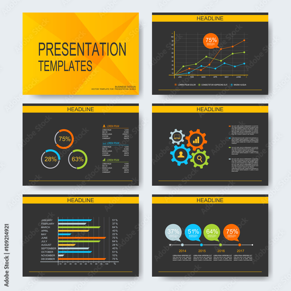 Aufkleber Set of vector templates for multipurpose presentation slides. Modern business design with graph and charts. Leaflet marketing advertising