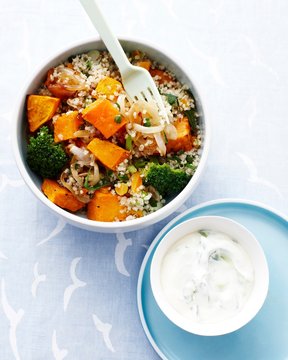 Vegetable and quinoa salad in bowl, kids lunch idea