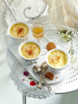 High angle view of baked custards in teacups on tray