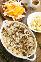 Chicken with mushrooms, bulgur and salad