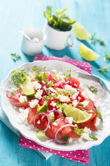 Watermelon salad with feta cheese and onion