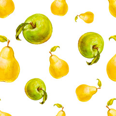 Watercolor seamless pattern with pears and green apples. Hand drawn design. Vector summer fruit illustration.