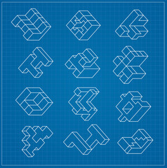 The abstract three-dimensional cube as an element of design blueprint template