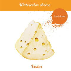 Watercolor illustration of cheese piece. Fresh organic food. Hand drawn vector