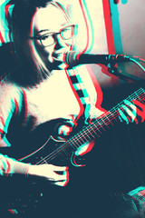 Art illustration of young woman playing electric guitar and singing to the microphone