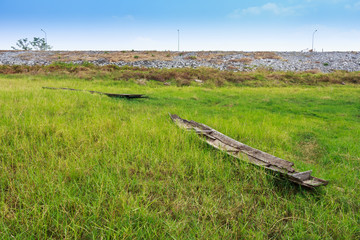 Old wooden boat trees in a sunny field in spring