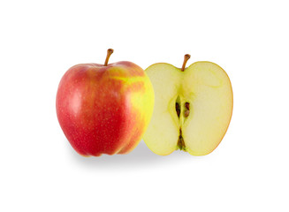 Red ripe apple is cut in half