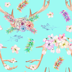 A seamless pattern with the antlers, entwined succulents, flowers, leaves and branches, for decoration, isolated hand drawn on a mint background, wedding design