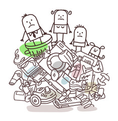 cartoon family on top of big rubbish pile