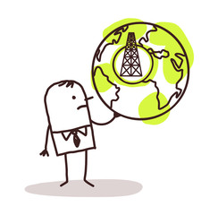 cartoon industrial man holding a globe