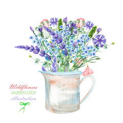 An illustration with a bouquet of the beautiful blue Myosotis flower, cornflowers and lavender flowers in a rustic jar, isolated hand drawn in a watercolor on a white background