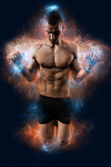 Fototapeta na wymiar Sexy Athletic Man posing on glowing background
