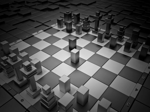 Futuristic chess board and High Tech figures with depth of field.