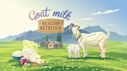 Mountain landscape with goat and kid. Set dairy product with village in background. Vector illustration.