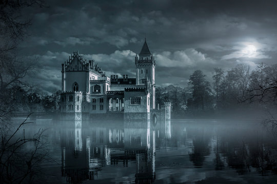 Mystic Water Castle In Moonlight