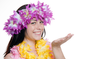 Girl in a hawaiian wreath pointing with hand