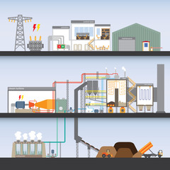 biomass power plant in simple graphic - obrazy, fototapety, plakaty