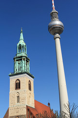 Obraz premium Television tower and St. Mary's Church in Berlin, Germany