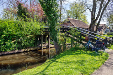 Fototapeta na wymiar Canal and bridge in Giethoorn