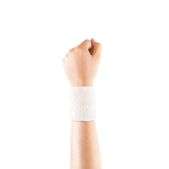 Blank white wristband mockup on hand, isolated. Clear sweat band mock up design. Sport sweatband...