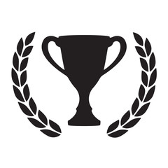 Trophy cup with Laurel wreath. Award icon or sign. Black winner symbol on white background. Vector illustration.