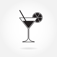 Cocktail icon or sign. Martini glass with lemon and drinking straw. Vector illustration.