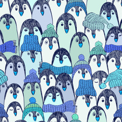 Blue Seamless Pattern With Penguins.