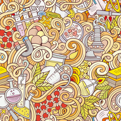 Cartoon hand-drawn science doodles seamless pattern