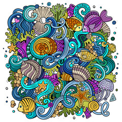 Naklejka premium Cartoon hand-drawn doodles Underwater life illustration