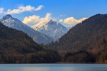 Alpsee lake landscape with Alps mountains near Munich in Bavaria, Germany