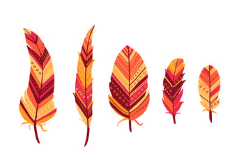 Vector illustration. Icon set of boho tribal abstract feathers in red tones on white background. Great for your design.